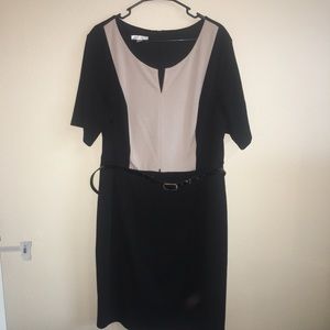 Dressbarn 20W Tan & Black Mid-Calf Short Slv Dress